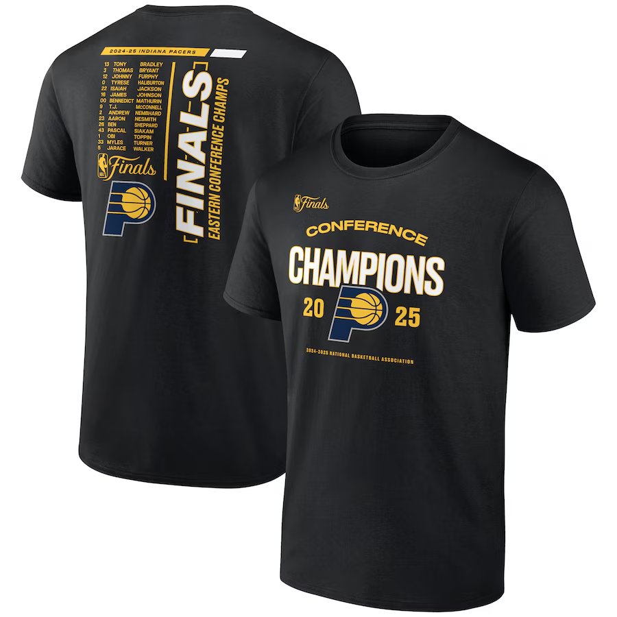 Men's Indiana Pacers Black 2025 Eastern Conference Champions Roster Buzzer Beater T-Shirt Men's Indiana Pacers Black 2025 Eastern Conference Champions Roster Buzzer Beater T-Shirt